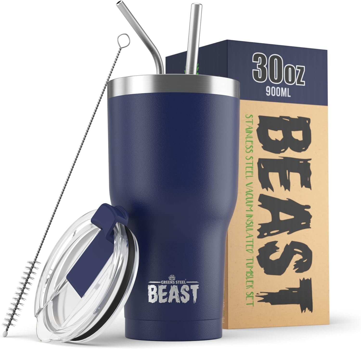 BEAST – Juego de vasos de 30 onzas con asa, taza de café de acero inoxidable + 2 cepillos para pajillas, caja de regalo y mango negro