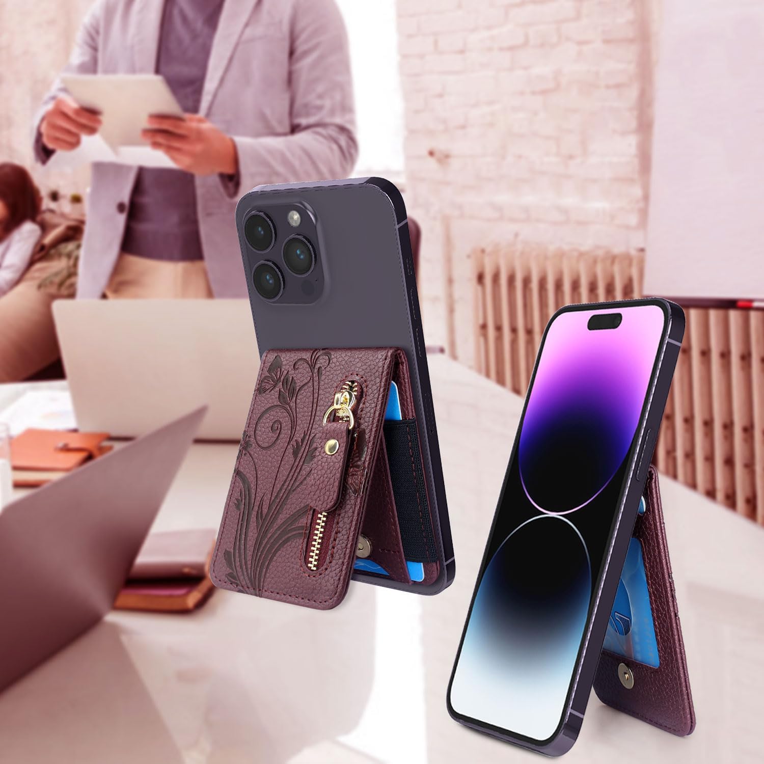 Lacass Tarjetero con cremallera y función atril para teléfono para la parte posterior del teléfono, adhesivo para iPhoneSamsungMotoBLUNokia y la