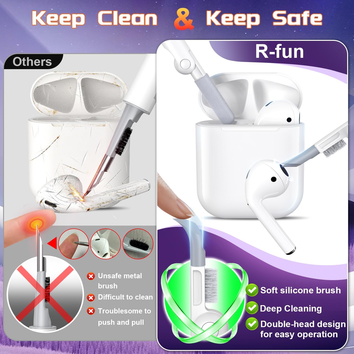 R-fun AirPods de 2 generación y 1 generación con clip de bloqueo seguro automático, carcasa rígida protectora de cuerpo completo para mujeres y