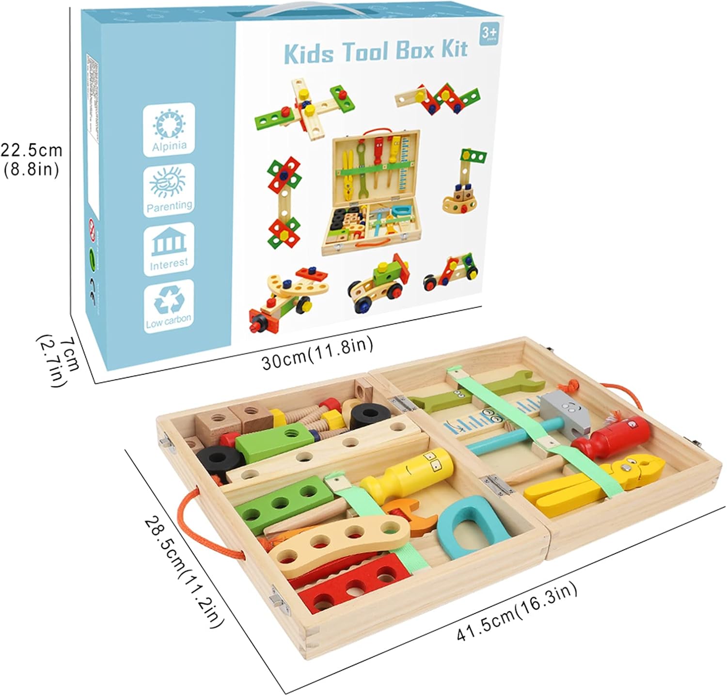 Aomola Kit de herramientas para niños, juego de herramientas de madera con herramientas coloridas, juguetes de simulación, regalos para niños