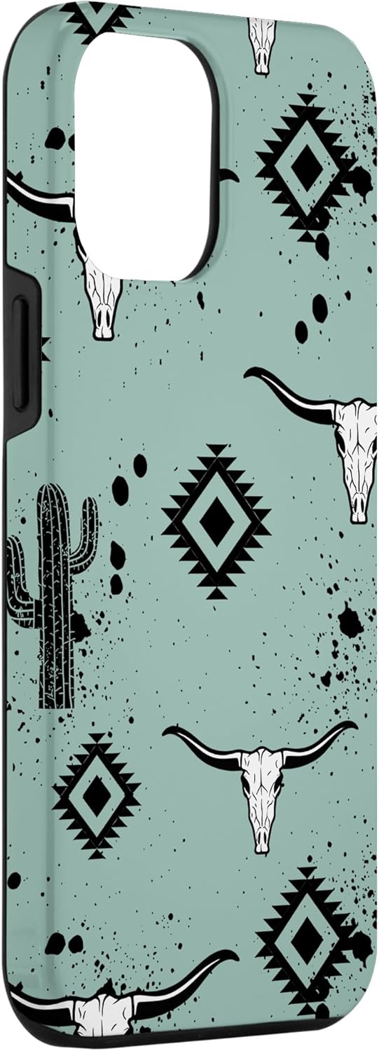 Funda para iPhone 13 Pro Max Western Country Aztec Bull Skull Cactus Cactus Patrón