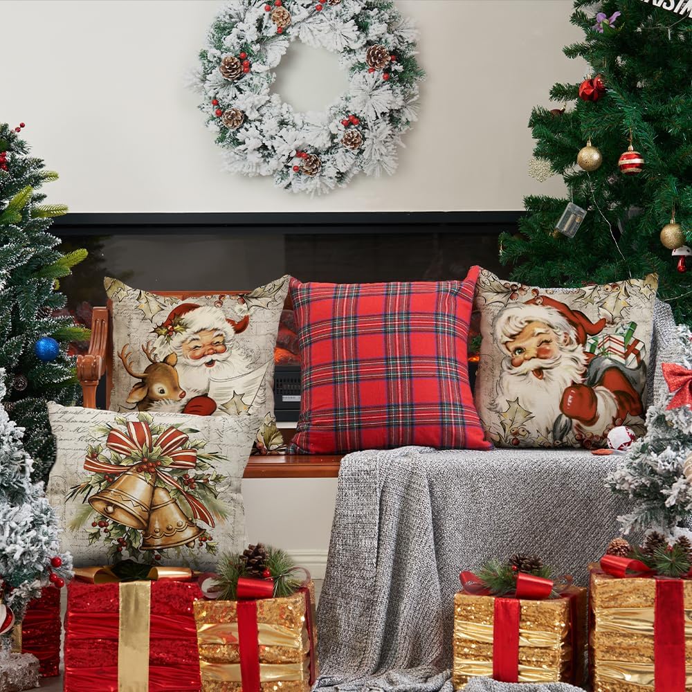 DFXSZ Juego de 4 fundas de almohada navideñas de 18 x 18 pulgadas, diseño de reno de Papá Noel, vintage, decoración retro de casa de campo para el