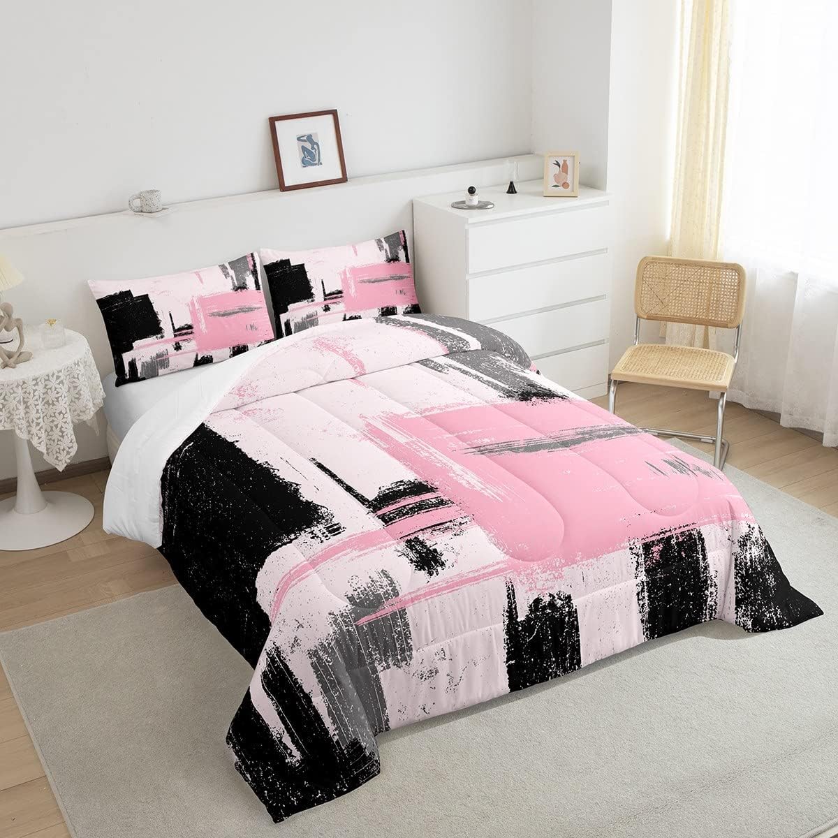 Feelyou Juego de edredón abstracto moderno de arte abstracto para niños y niñas, color rosa y negro, juego de ropa de cama para decoración de