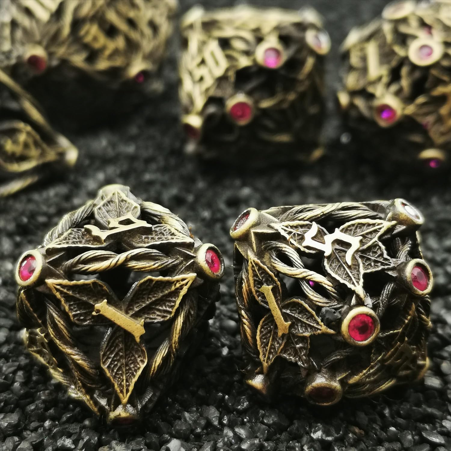 Juego de dados de metal con hojas de vid mágicas huecas, juego de 7 dados para juegos de rol, dados de D&D Dungeons and Dragons (bronce antiguo +