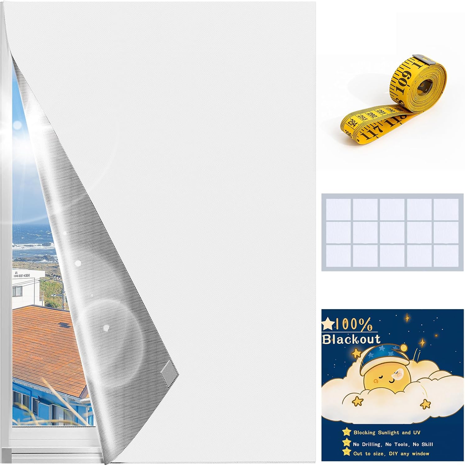 Persianas opacas mejoradas 65 x 59 pulgadas 100 % opacas se puede cortar tú mismo Cortinas opacas blancas portátiles para ventanas, tiras de cinta