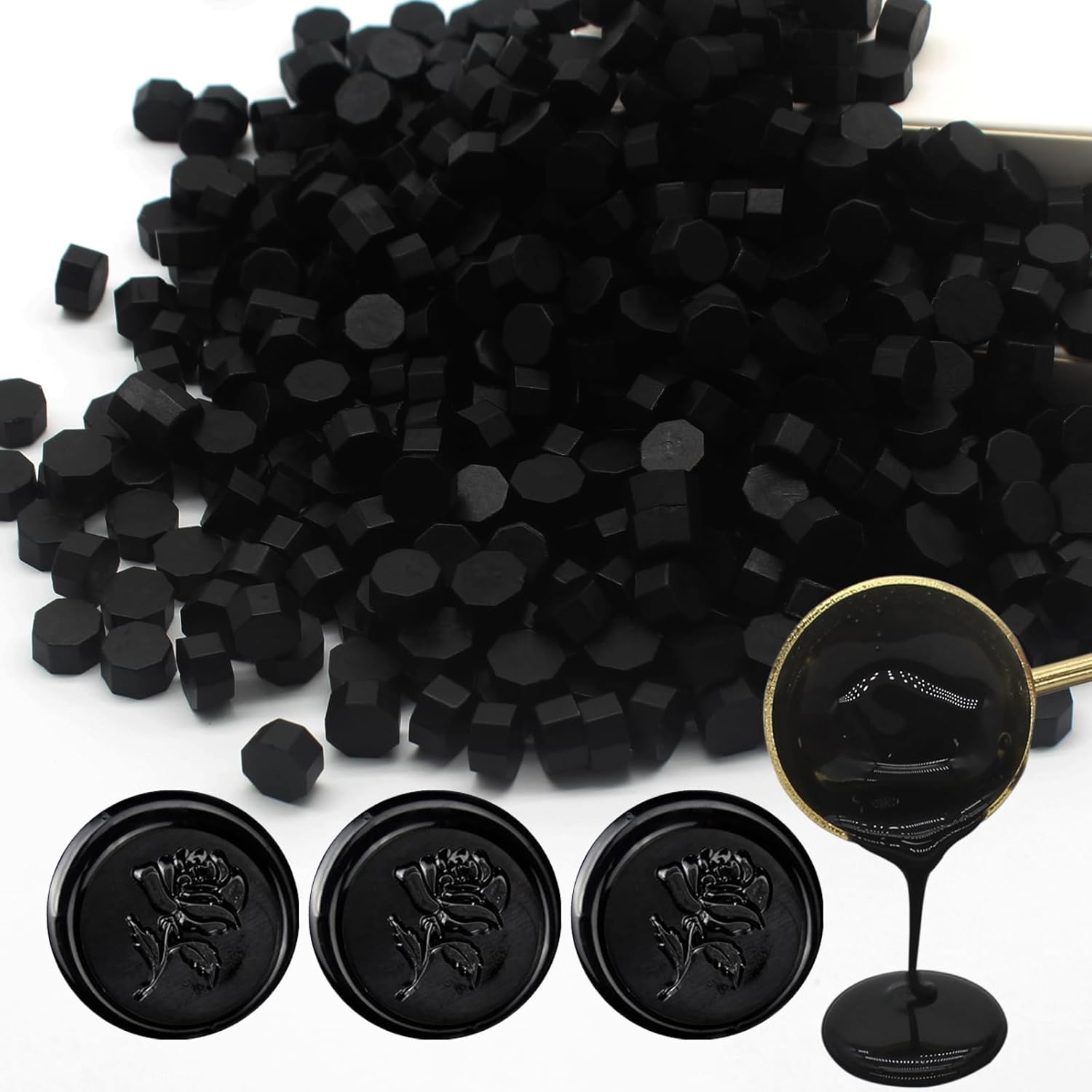 250 cuentas de sellado de cera negras, cuentas de cera de sellado prémium para sellos de sellos, paquete de repuesto de pellets de cera octágona,
