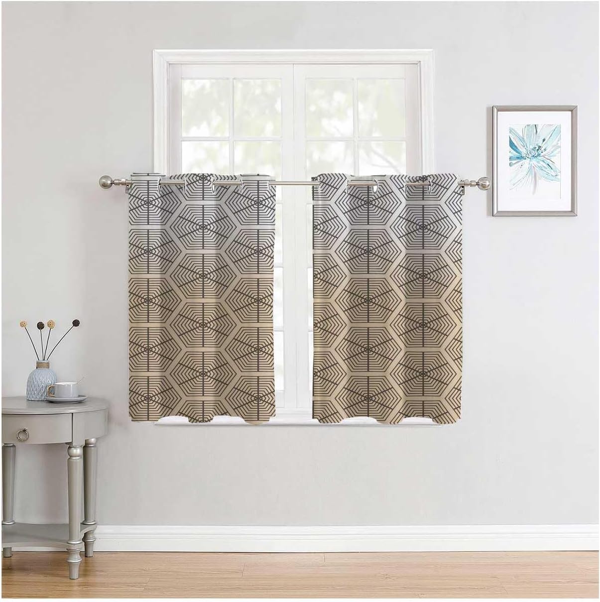 YANFENQI Cortinas para Habitacion Cream Coloured Geometric Checked Curtain Room Divider Drapes 63Inch Width by 63Inch Length,2 Panels
