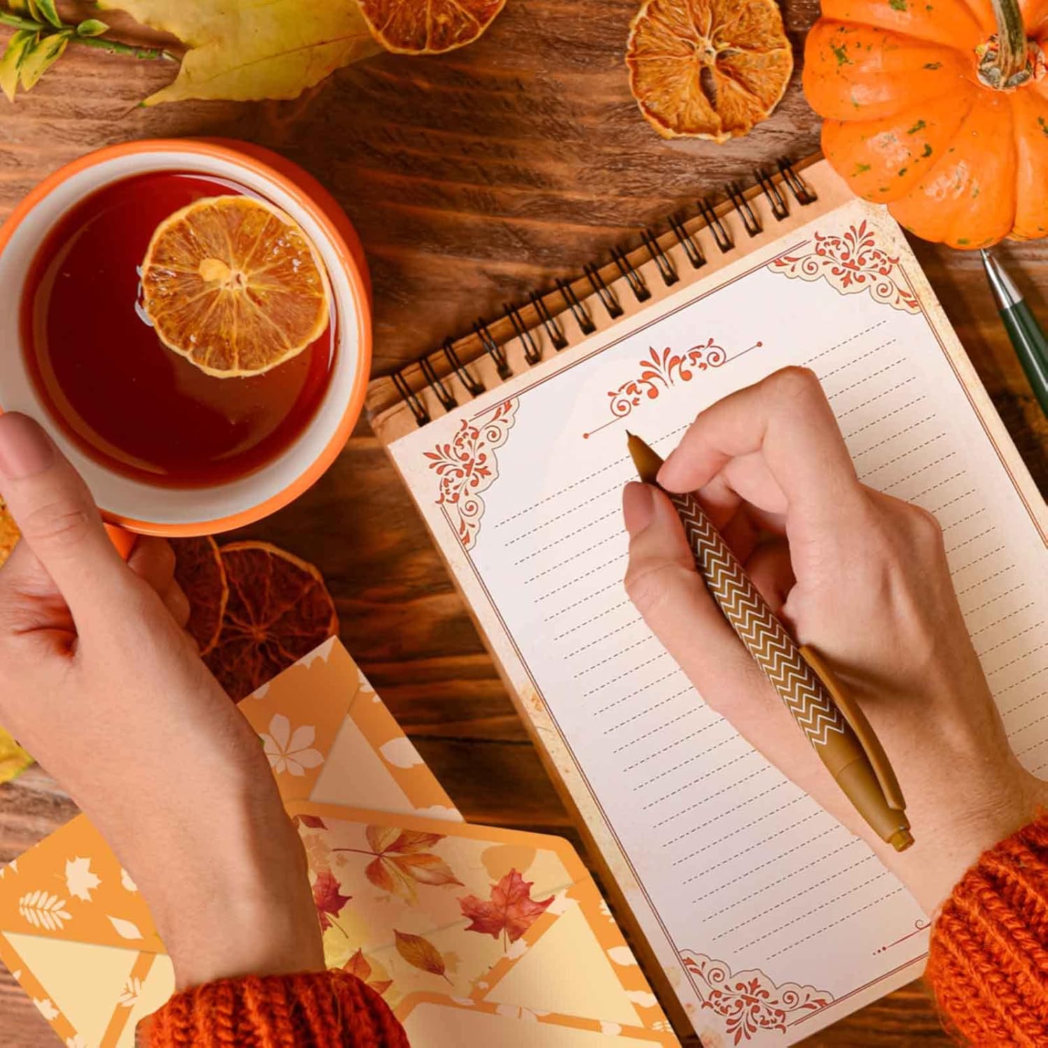 AnyDesign 48 piezas de papel de papelería de otoño con hojas de otoño y 24 piezas de sobres autosellantes, papel impreso en acuarela de Acción de