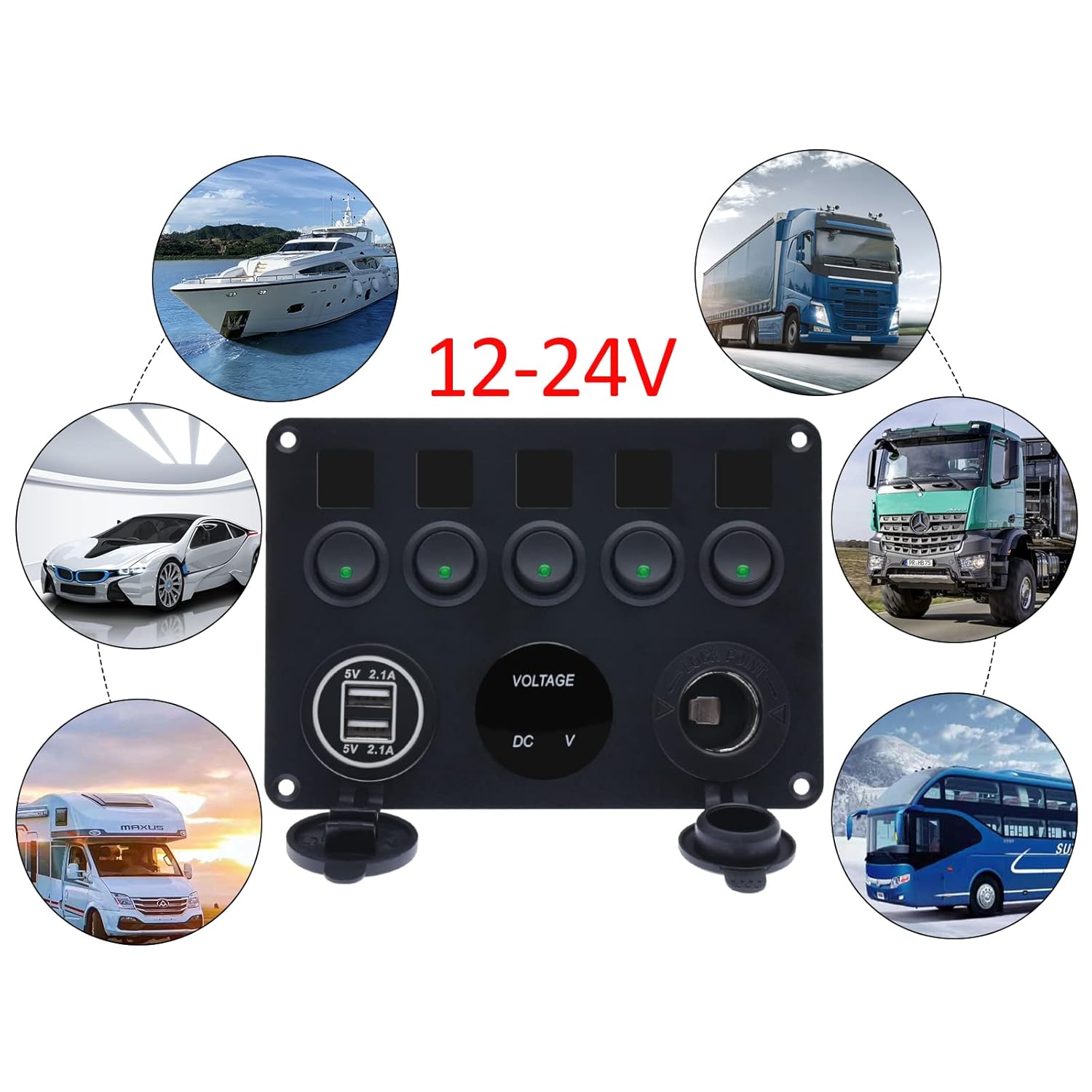 KAOLALI Panel de interruptores de palanca de 5 bandas, panel de interruptores marinos automotrices, panel de interruptores impermeable de 12 V para