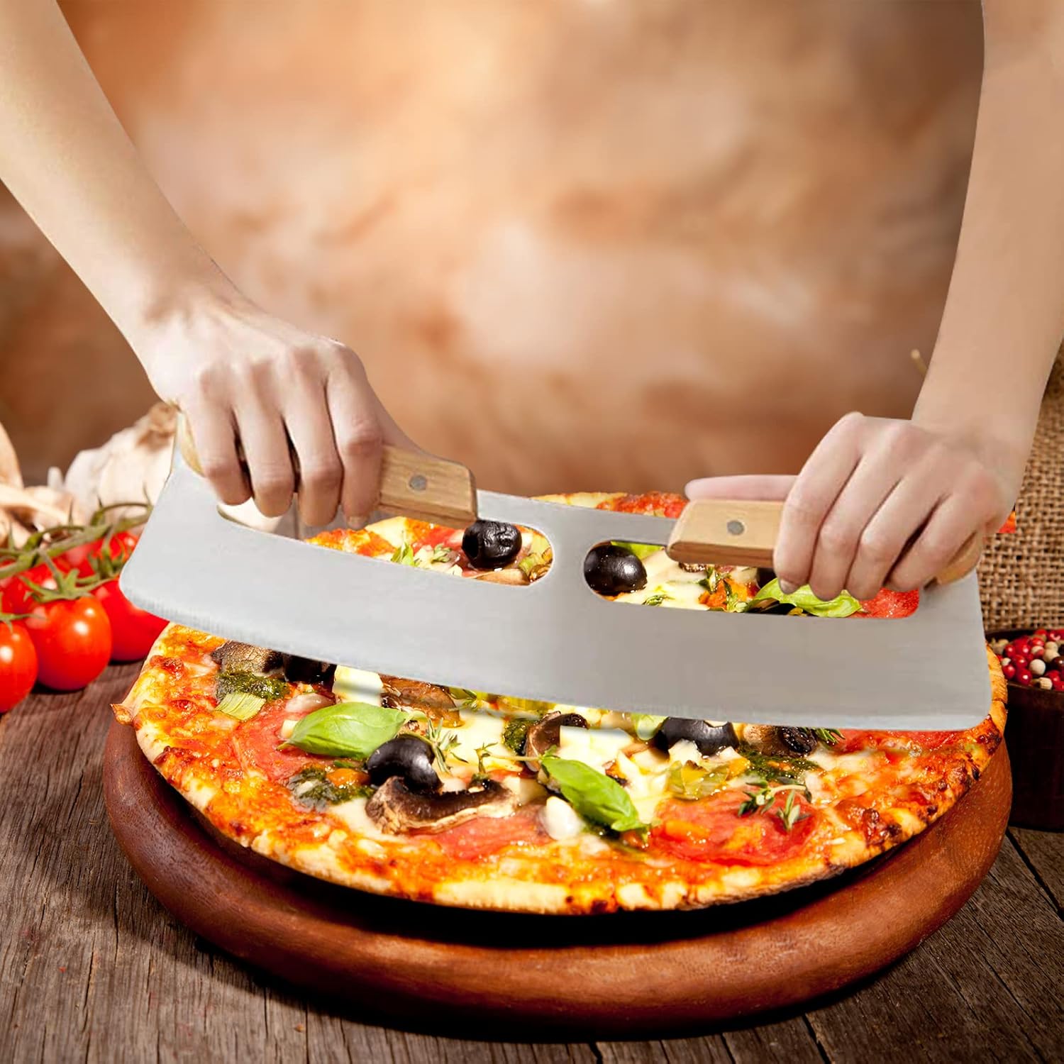 Cuchilla basculante para cortador de pizza de 14 pulgadas con mango de madera, rueda para rebanar pizza, cuchillo grande de acero inoxidable con