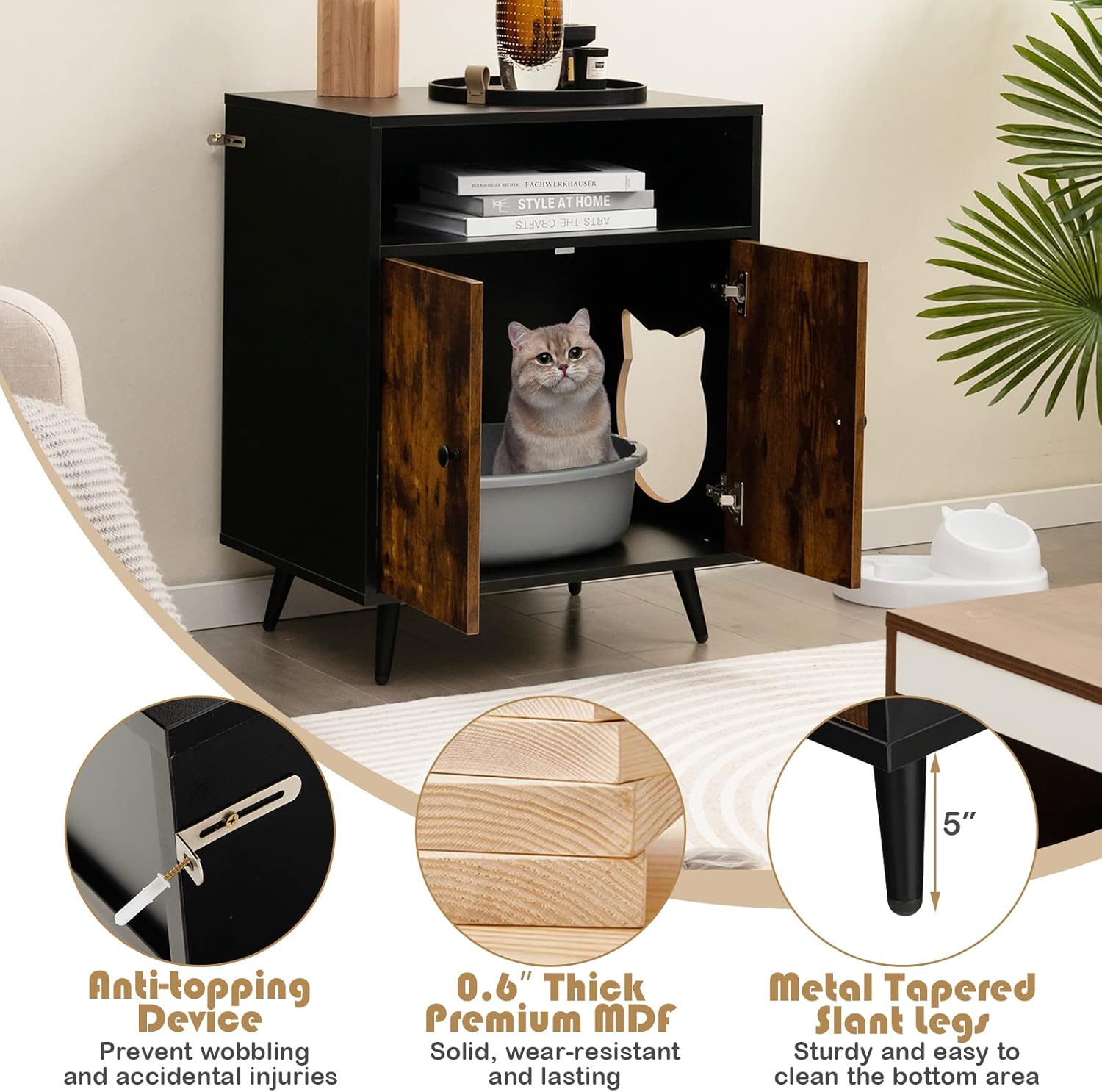 PETSITE Caja de arena para gatos, caja de arena cerrada de madera con estantes, caja de arena oculta mesa auxiliar para muebles