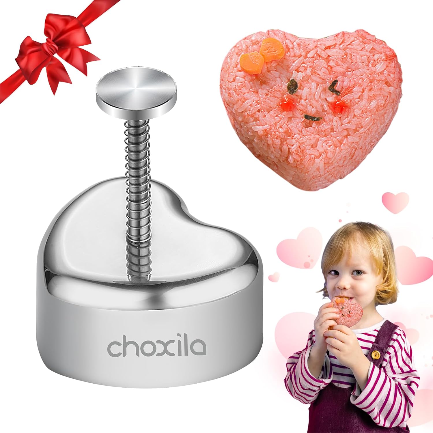 Choxila Molde Onigiri en forma de corazón, molde de bola de arroz de acero inoxidable, regalos de San Valentín para niños, molde de spam en forma de