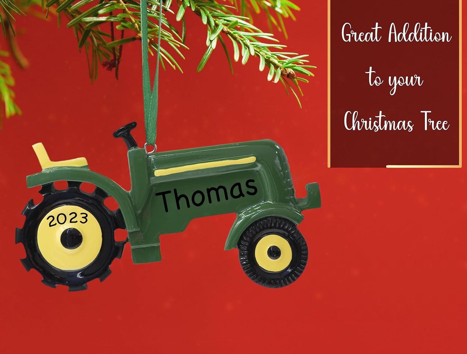 Adorno de Navidad personalizado de tractor 2023  Personalización escrita a mano gratis  Vehículo de granja verde, remolque agrícola para árbol de