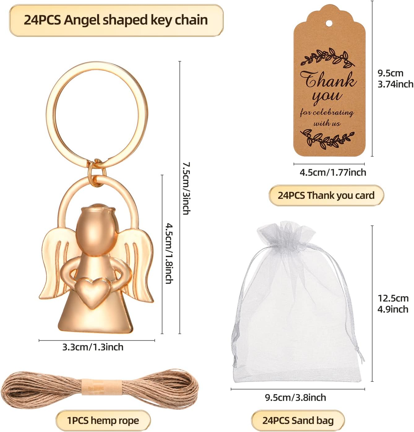 KBDHYY 24 angel designed key chains and Keychain for baby showers and weddings, party gifts, guest souvenirs or decorations, with labels and silk