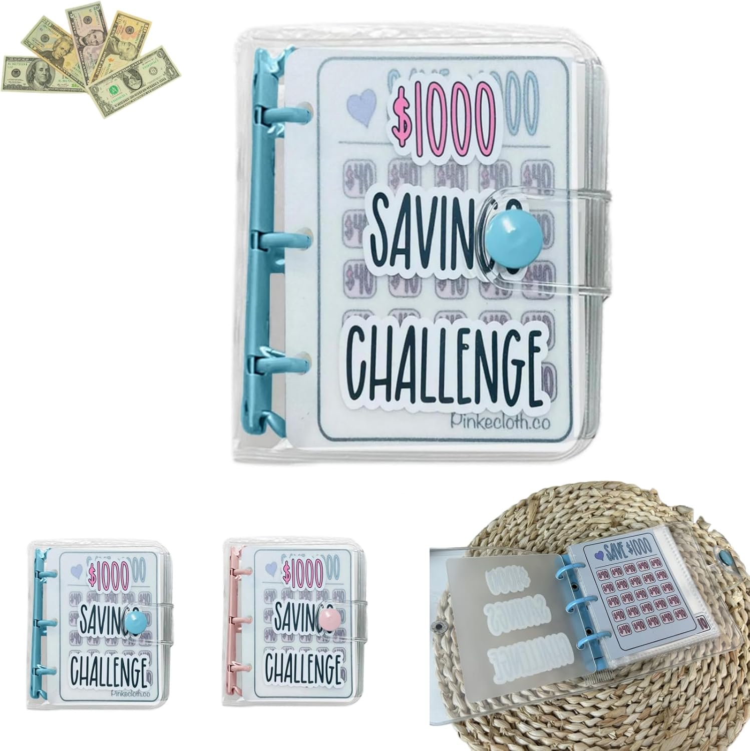 Carpeta de desafío de ahorro 1000 mini, libro de desafíos de ahorro mensual con sobres, carpeta de presupuesto con sobres para efectivo, color azul