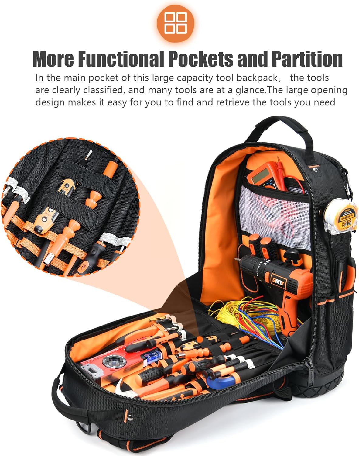 Mochila bolsa de herramientas – Mochila de herramientas resistente para hombres, mochila de herramientas HVAC con base moldeada sólida bolsas