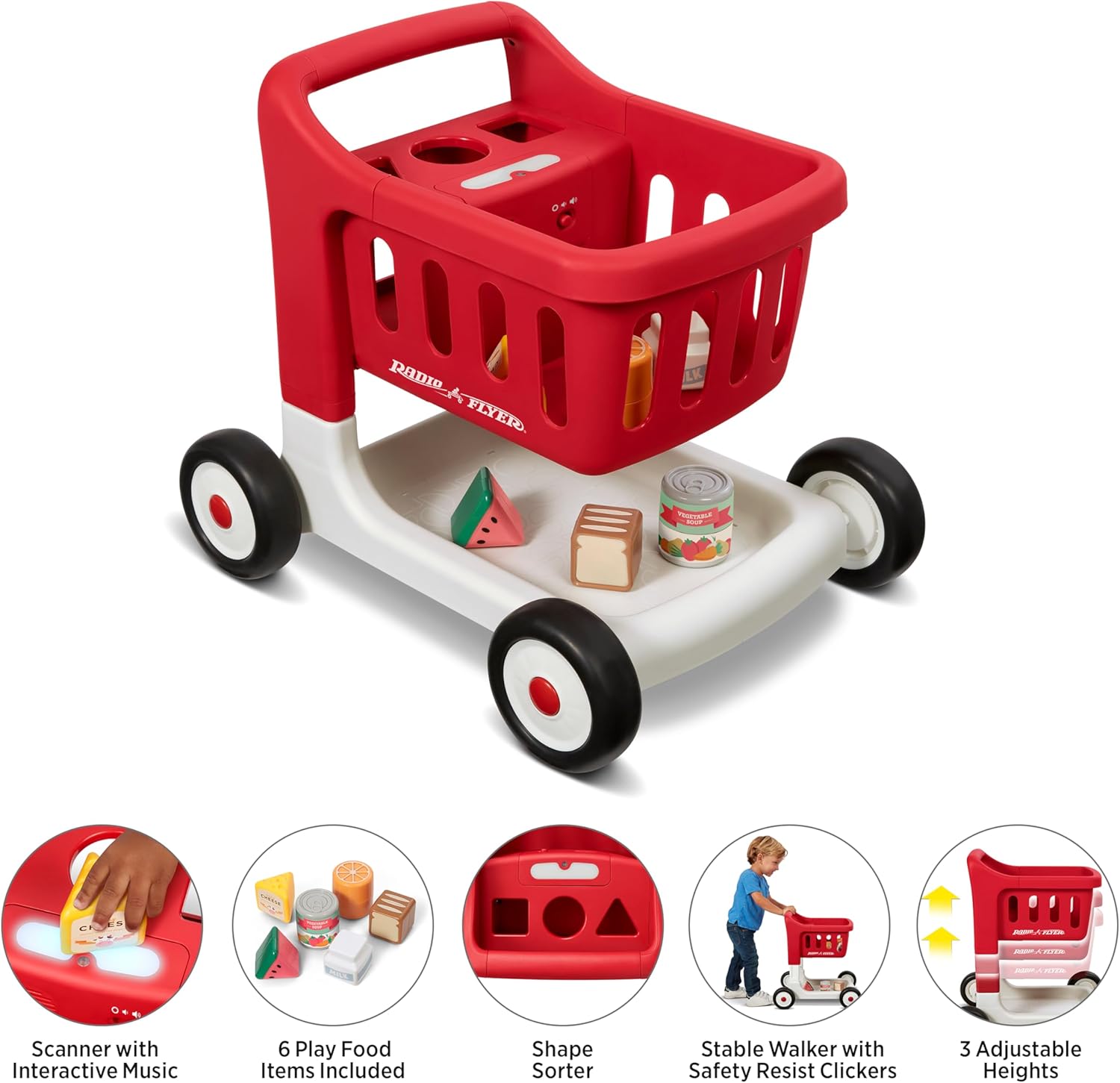 Radio Flyer Escanea y clasifica el carrito de compras con luces y sonidos, andador de bebé con ruedas, carrito de compras rojo para niños a partir