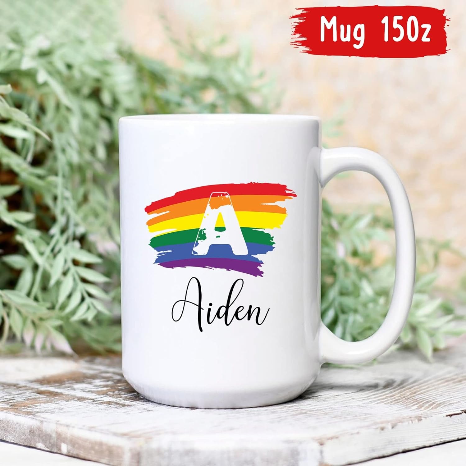 Taza de café personalizada con monograma con letra inicial, monograma de arco iris, taza con nombre personalizado para parejas LGBT lesbianas gay