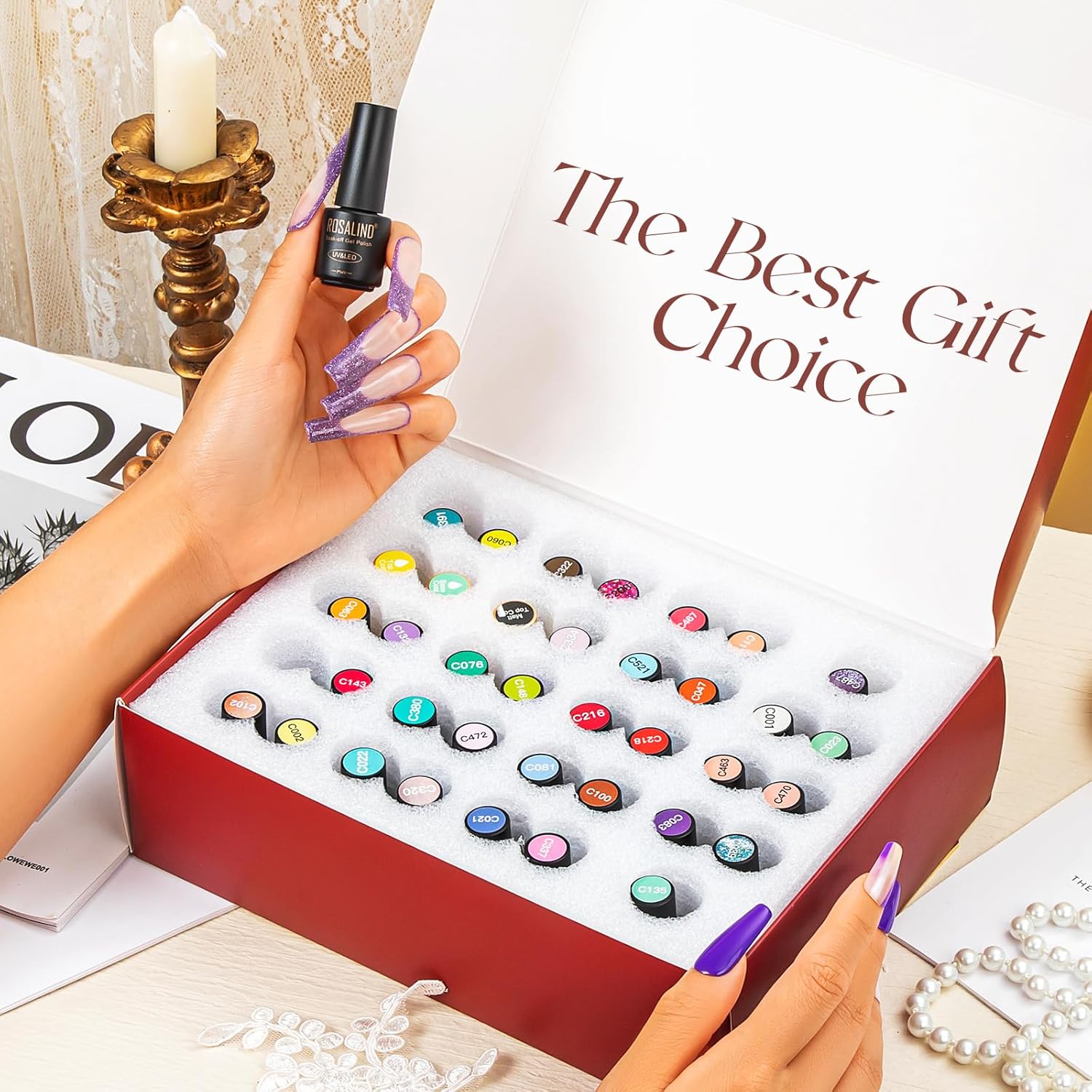 ROSALIND Juego de 35 esmaltes de uñas de gel, colección de esmaltes de gel rosa, rojo, gelatina blanca, juego de inicio de verano, esmalte de uñas