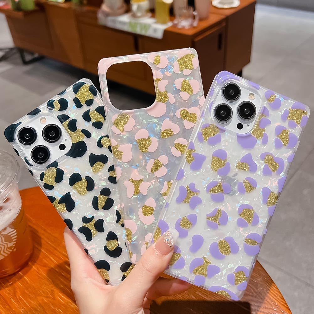 KERZZIL Funda de lujo con diseño de leopardo y perla para iPhone 13 Pro de 6.1 pulgadas, con borde cuadrado, bonito polvo dorado dorado brillante