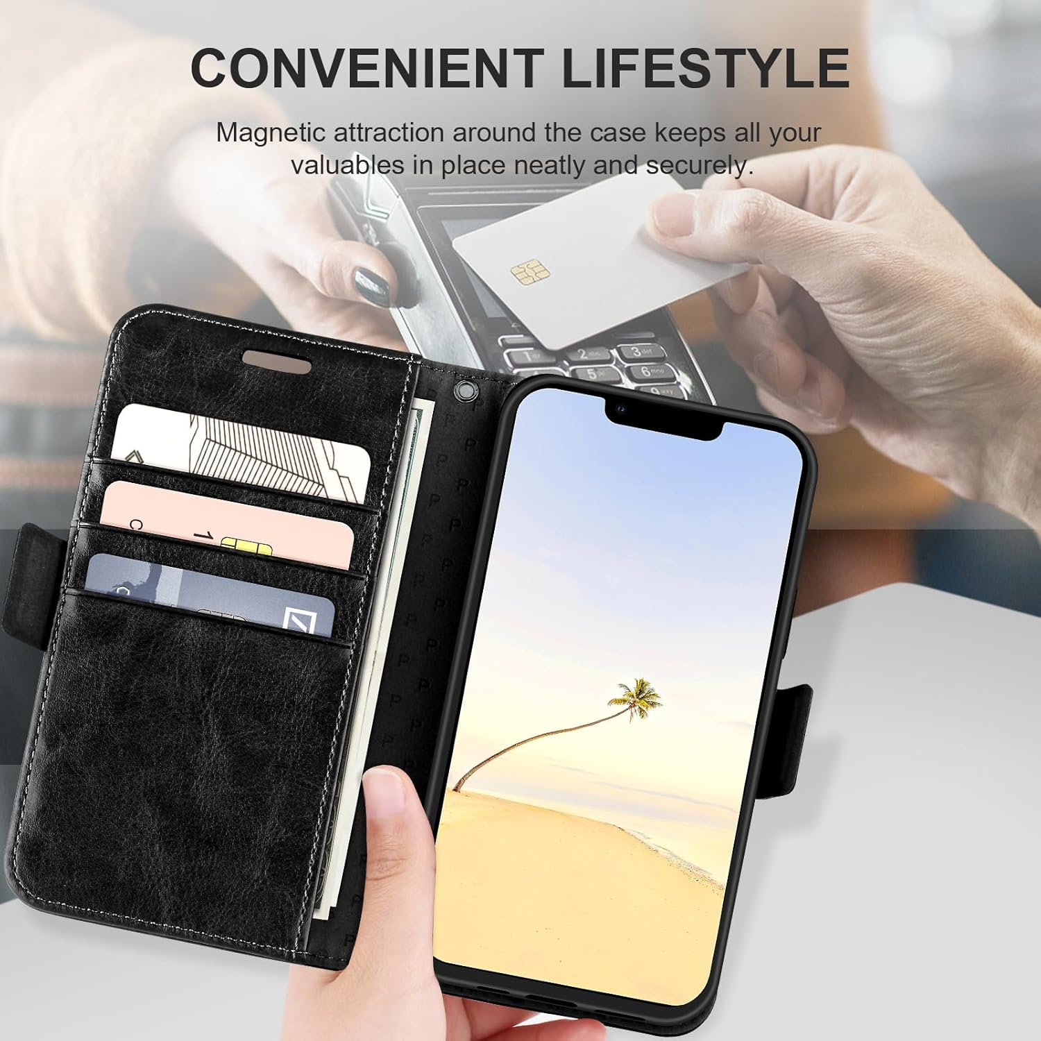 Funda de cuero con tarjetero bloqueo RFID 360 protección completa a prueba de golpes, cierre magnético, con ranuras para tarjetas y correa para la