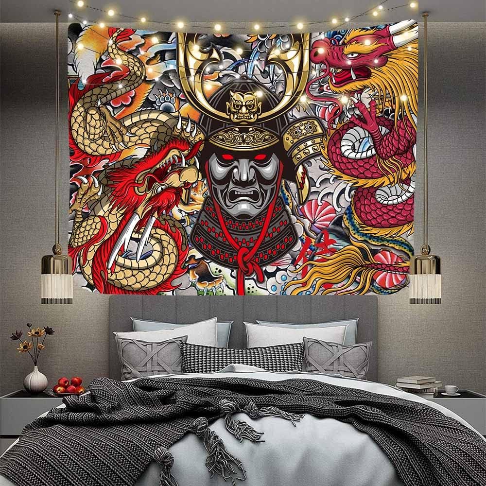 Aidatain Tapiz samurái japonés de anime Oni para colgar en la pared, diseño estético de dragón japonés de franela grande de 80 pulgadas y 60