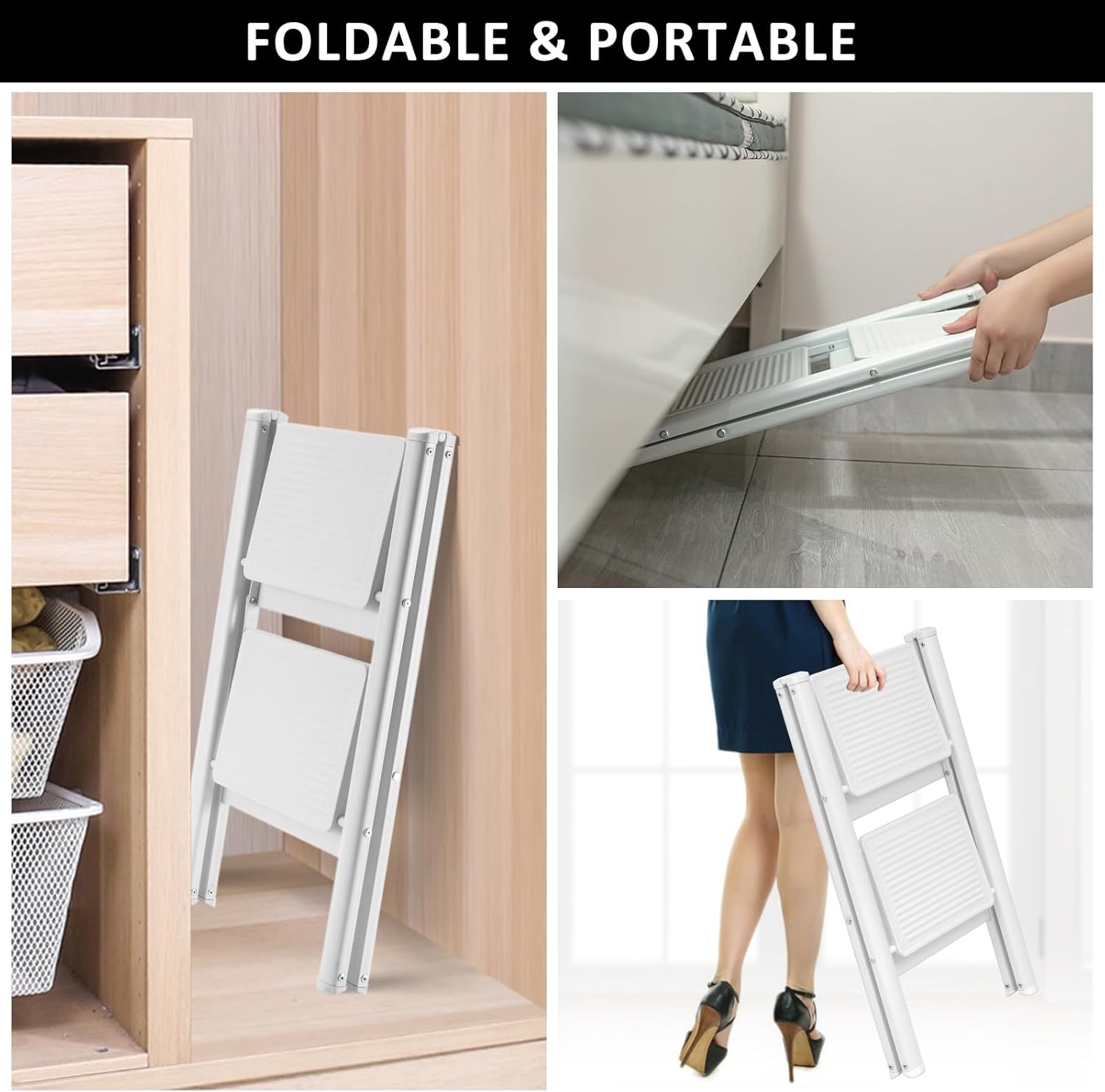 Escalera de 2 escalones, multiusos, resistente, ligera, plegable, portátil, con pedales anchos antideslizantes, capacidad de 500 libras para el