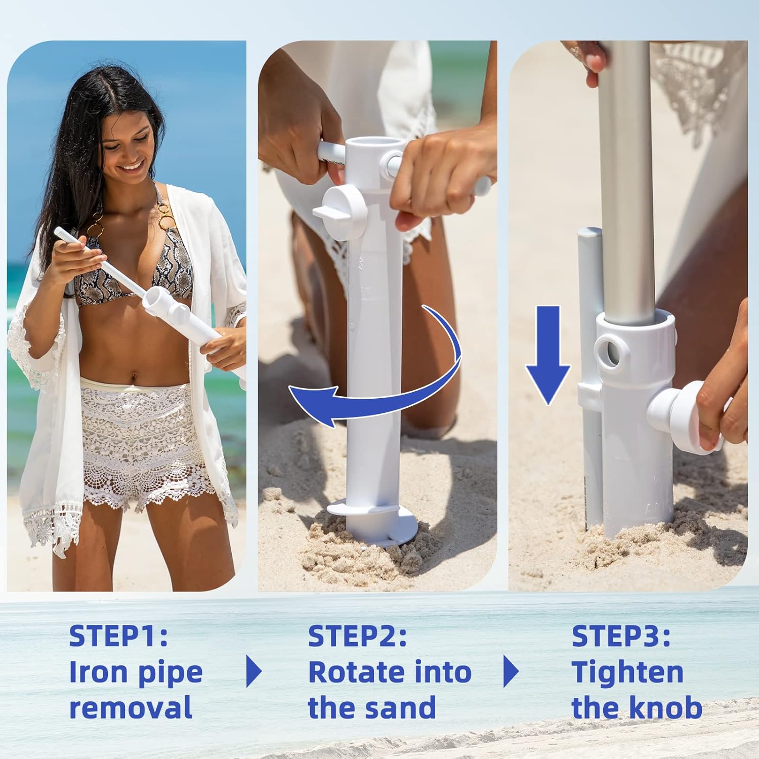 AMMSUN Sombrilla de playa grande de 8 pies con anclaje de arena, sombrilla portátil resistente al viento con protección UV UPF50+, rejillas de