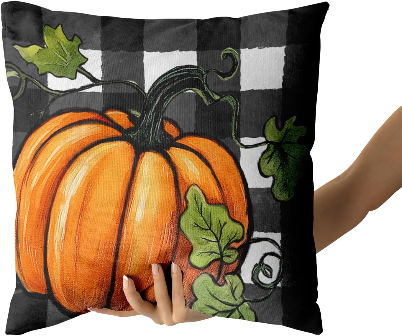 Juego de 2 fundas de almohada de otoño de 18 x 18 pulgadas, diseño de calabaza, negro y blanco, a cuadros, decoración del hogar, cosecha de otoño,