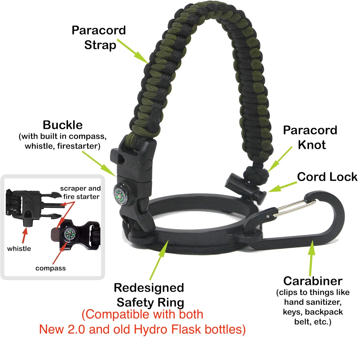 Mango Paracord 2.0 para botellas de agua de boca ancha Hydro Flask, también compatible con frasco de hierro, Simple Modern, Takeya, se adapta a 12