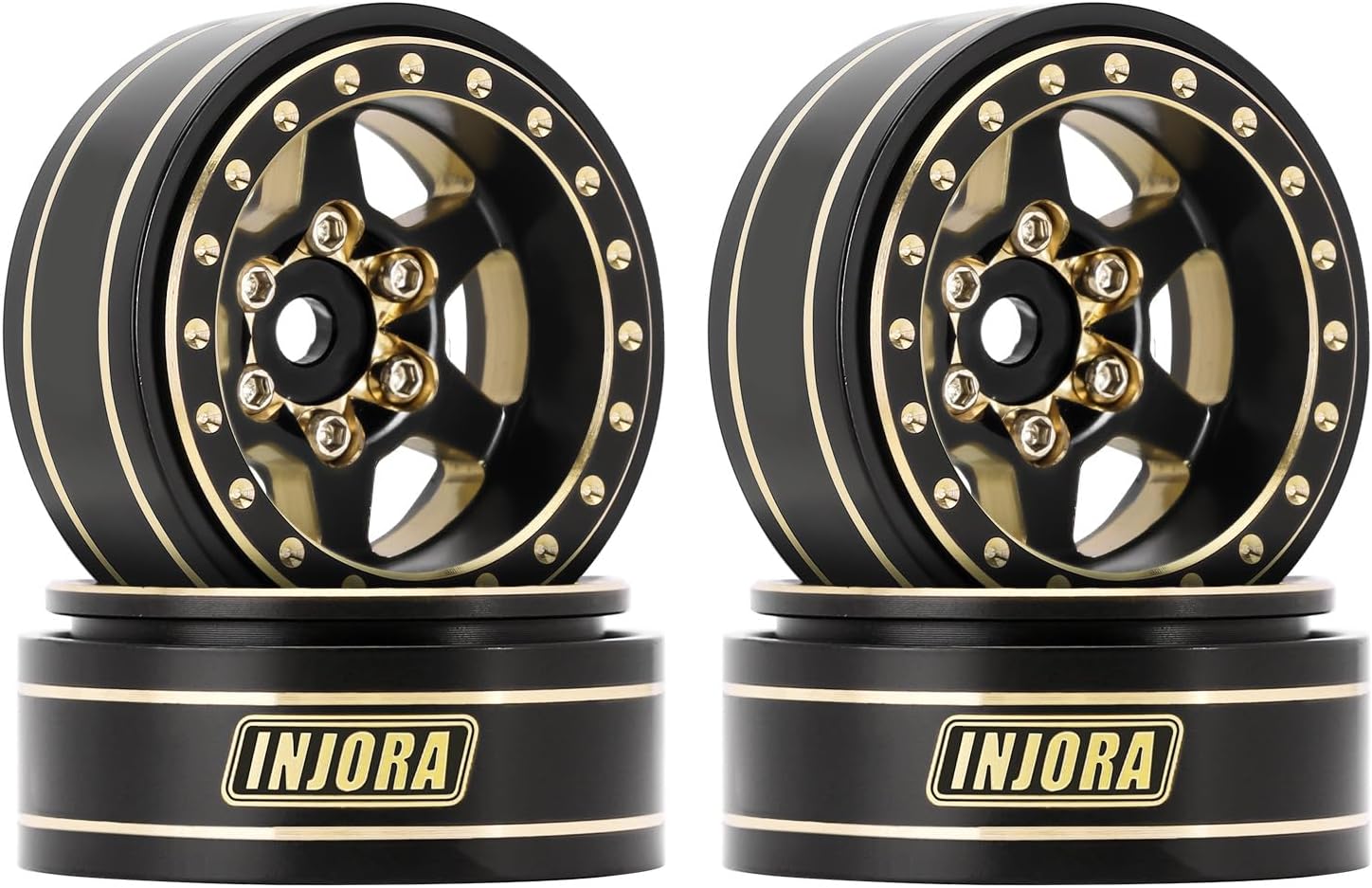 INJORA 1.0 Plus – Llantas de latón Beadlock de 6 radios para TRX4M SCX24 FCX24 124 118 RC Crawler, 1.48 ozpiezas (negro y dorado)
