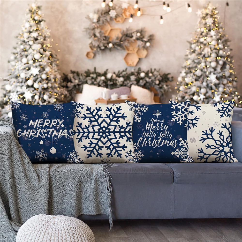 KISVODS Juego de 4 fundas de almohada navideñas de 18 x 18 pulgadas, decoraciones navideñas, fundas de almohada navideñas de lino rústico para sofá,