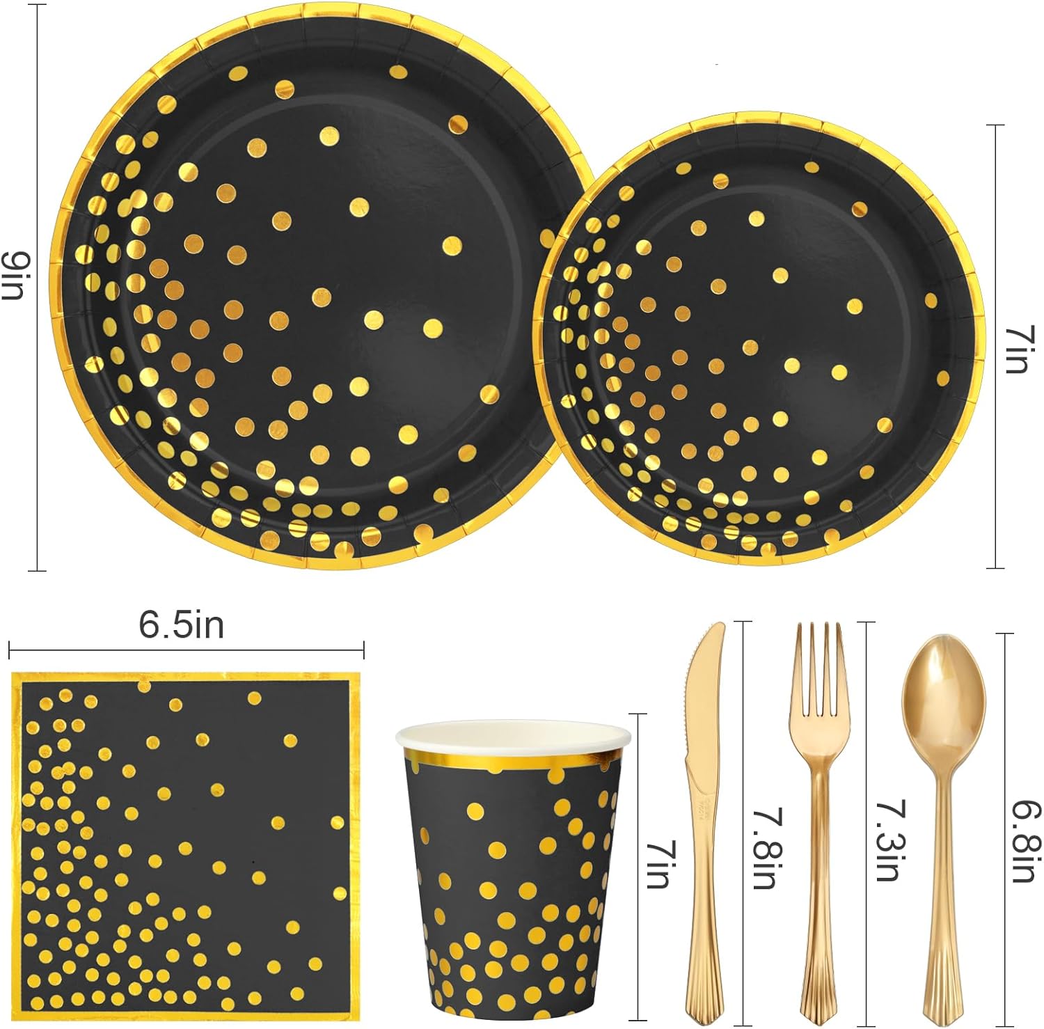 CENLBJ Black and Gold Party Supplies-Golden Dot Paper Plates,Black Napkins&Cups and Plastic Utensils,Gold Rim Disposable Paper Tableware for