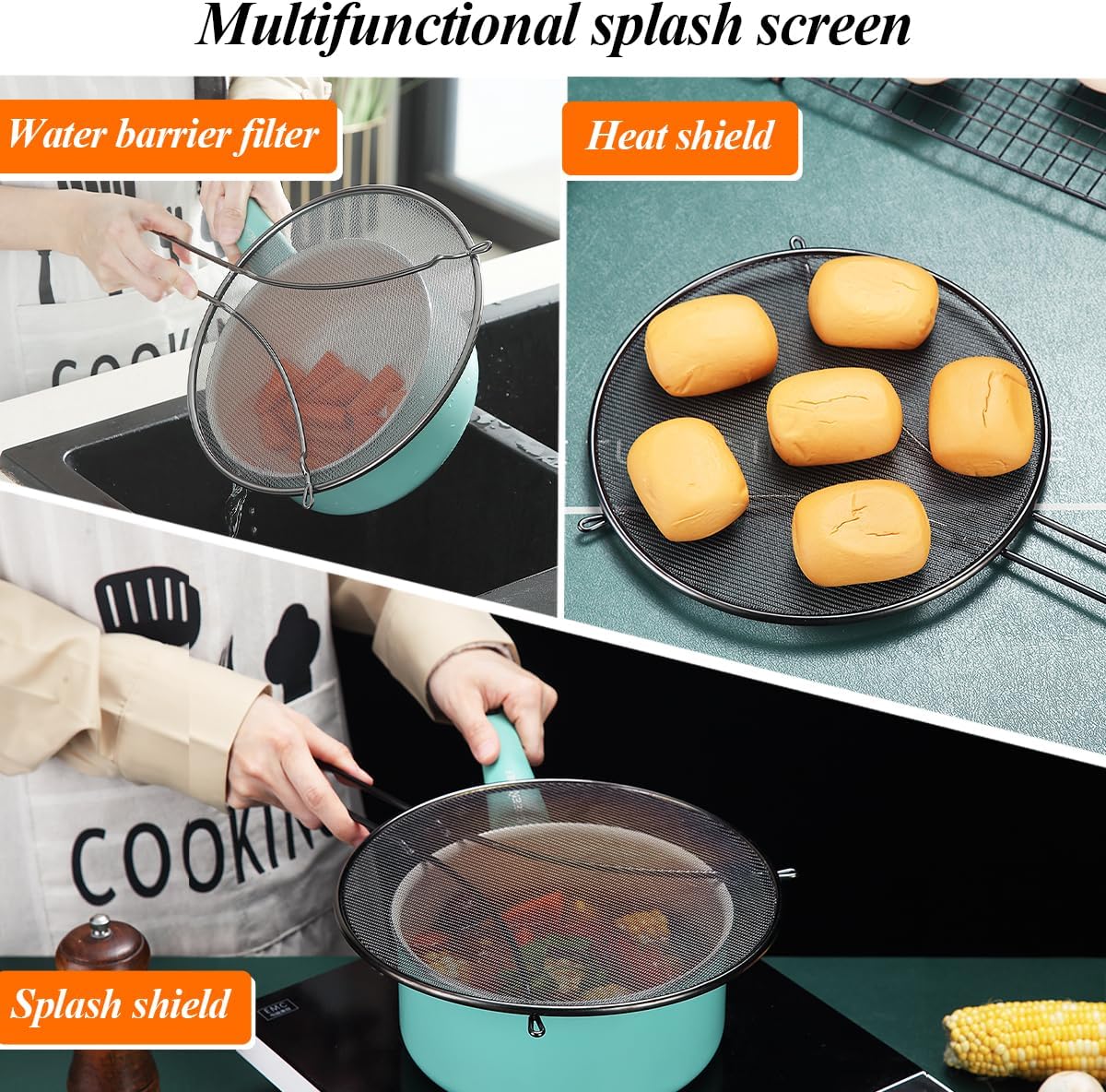 Pantalla negra contra salpicaduras para cocinar, malla fina de acero inoxidable de 9.8 pulgadas para sartén, protector de grasa para sartén para
