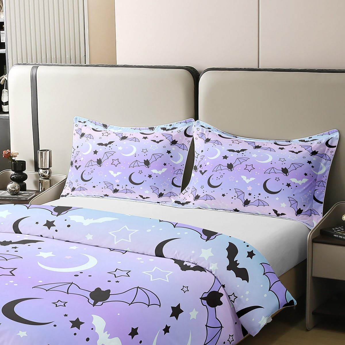 Helloween – Juego de ropa de cama de 100 % algodón natural, diseño de murciélagos y estrellas de galaxia, luna y neón para niños y niñas, decoración