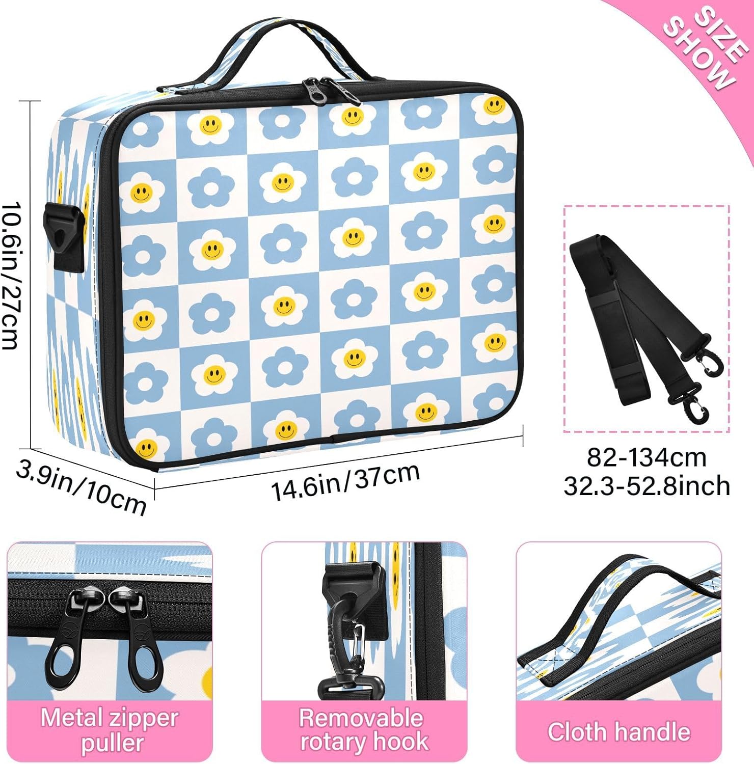 Retro Checker Board Groovy Flower Smiling cosmetic bag purse bags for traveling make up bags makeup travel bag bolsos de maquillaje para viajar men