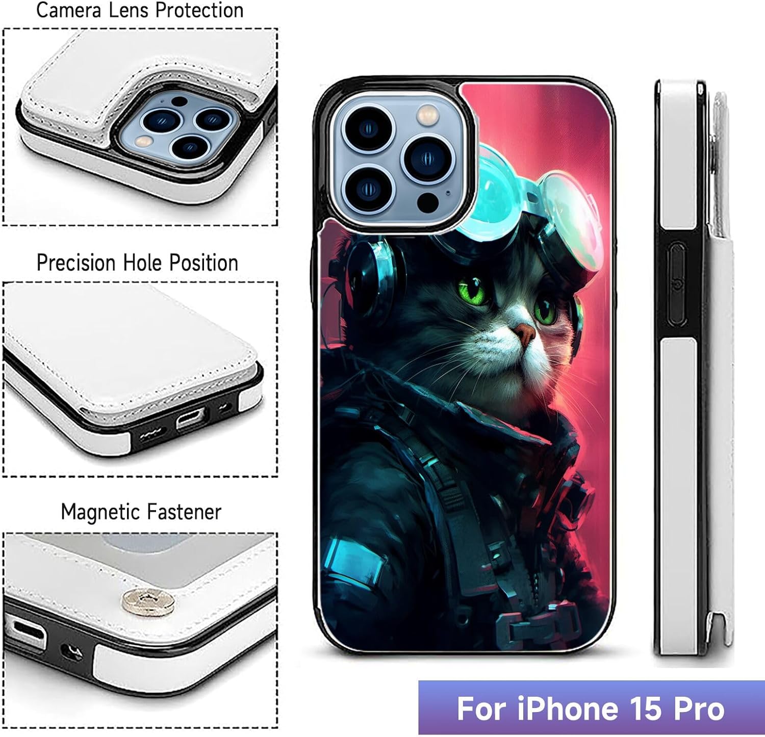 DAFEI Stylish Wallet Case for iPhone 15 Pro with Cat Print-aa248 Design – Premium Protection and Functionality Sleek Design Kickstand Feature