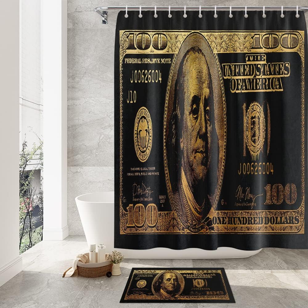 GUBIYU Juego de baño de billetes de 100 dólares de oro negro con cortina de ducha y alfombras de billetes, accesorios de baño geniales 4 piezas