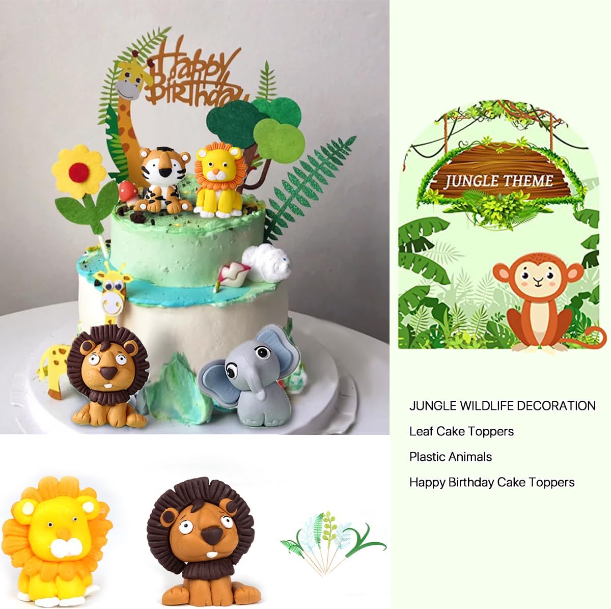 Biendo Decoración para tartas de animales de safari en la selva, 14 piezas de decoración de pastel de animales de feliz cumpleaños, jirafa, tigre,