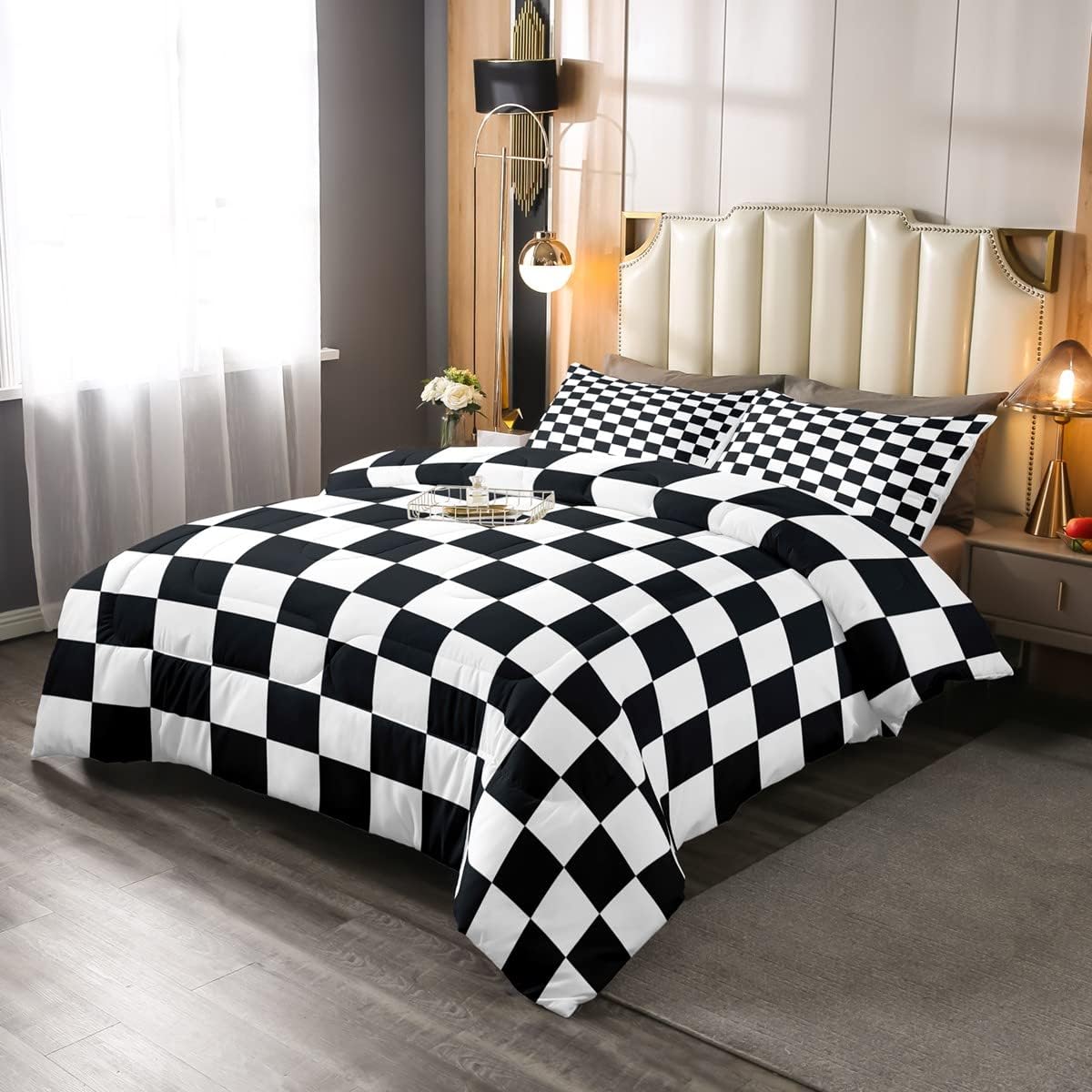 Erosebridal Juego de ropa de cama a cuadros en blanco y negro, tamaño matrimonial, juego de edredón reversible con cuadrícula geométrica para niños,