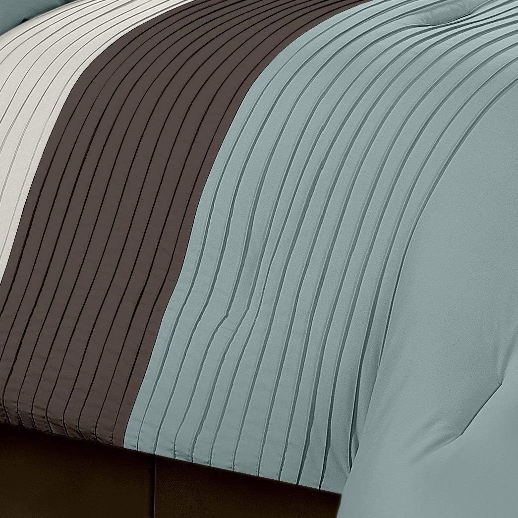 Chezmoi Collection Juego de edredón de 8 piezas con diseño de rayas plisadas, color azul, marrón, beige, tamaño California King