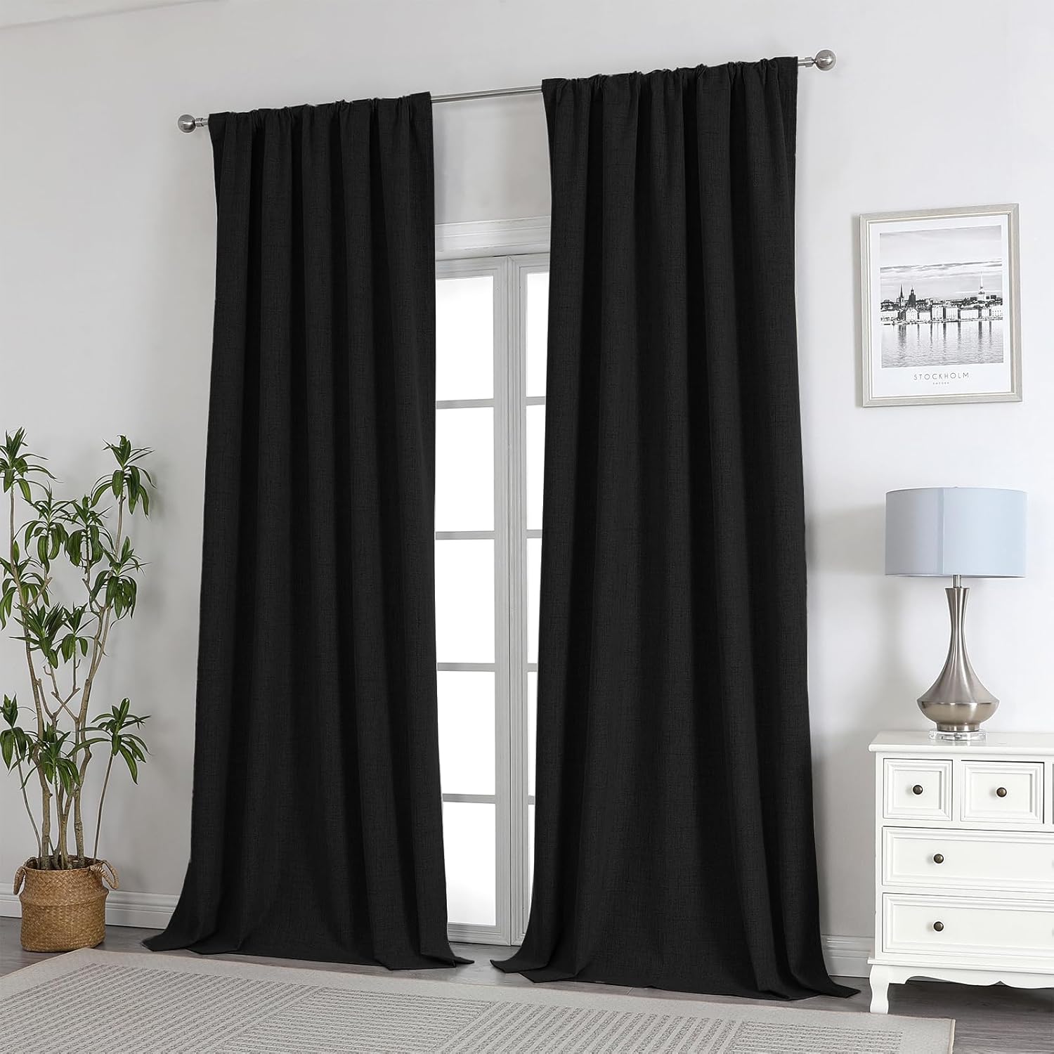 Joydeco Cortinas 100% opacas de 90 pulgadas de largo, 2 paneles de lino natural burgo para dormitorio, sala de estar, cortina de oscurecimiento,