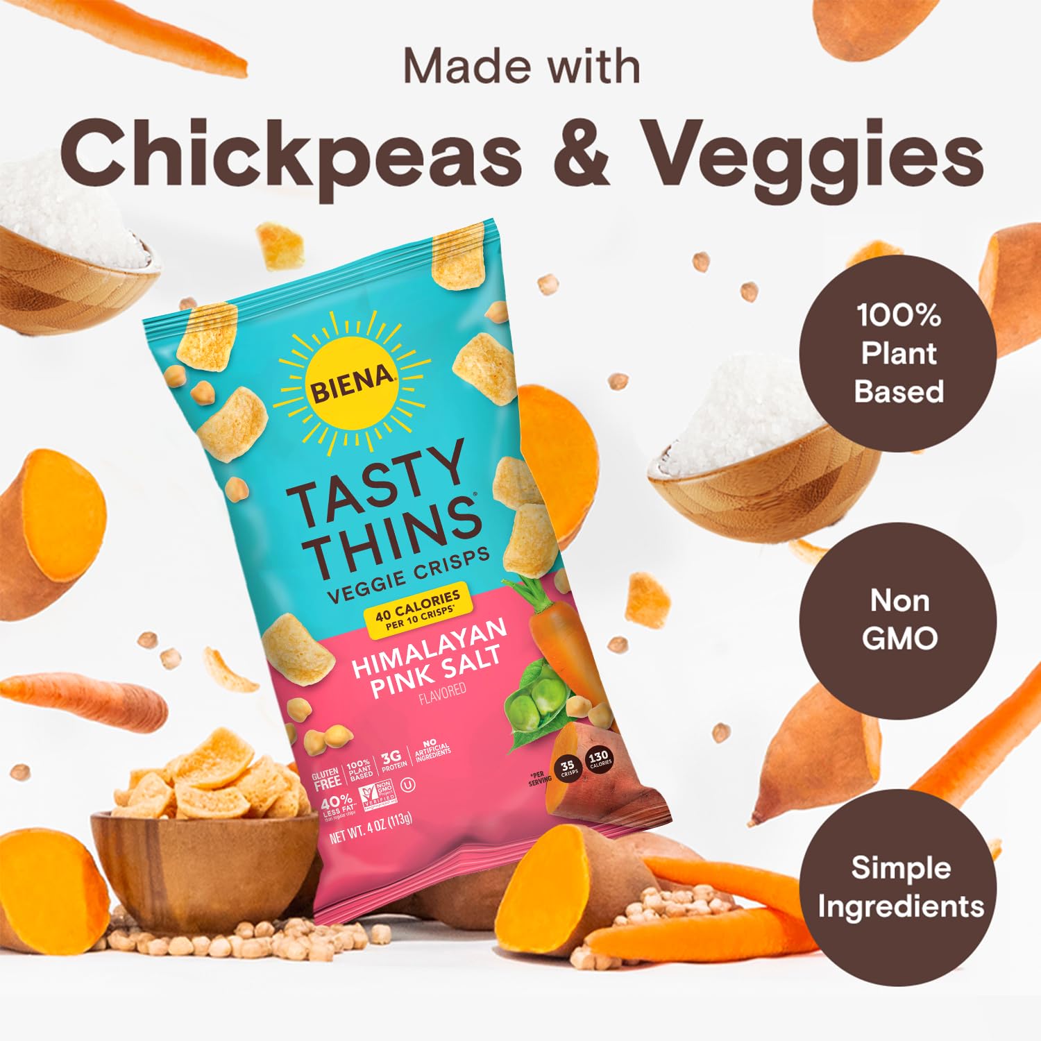 BIENA Tasty Thins – Chips vegetales de garbanzos  Sal marina, paquete de 4, bolsas de 4 onzas  Garbanzos y verduras, veganos, sin gluten, sin