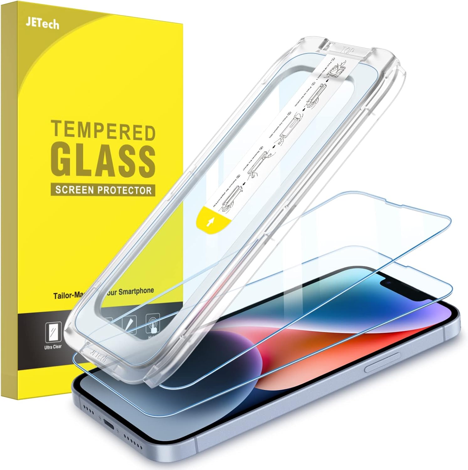 JETech One Touch Install Protector de pantalla para iPhone 14 Plus de 6.7 pulgadas, película de vidrio templado de cobertura completa, kit de