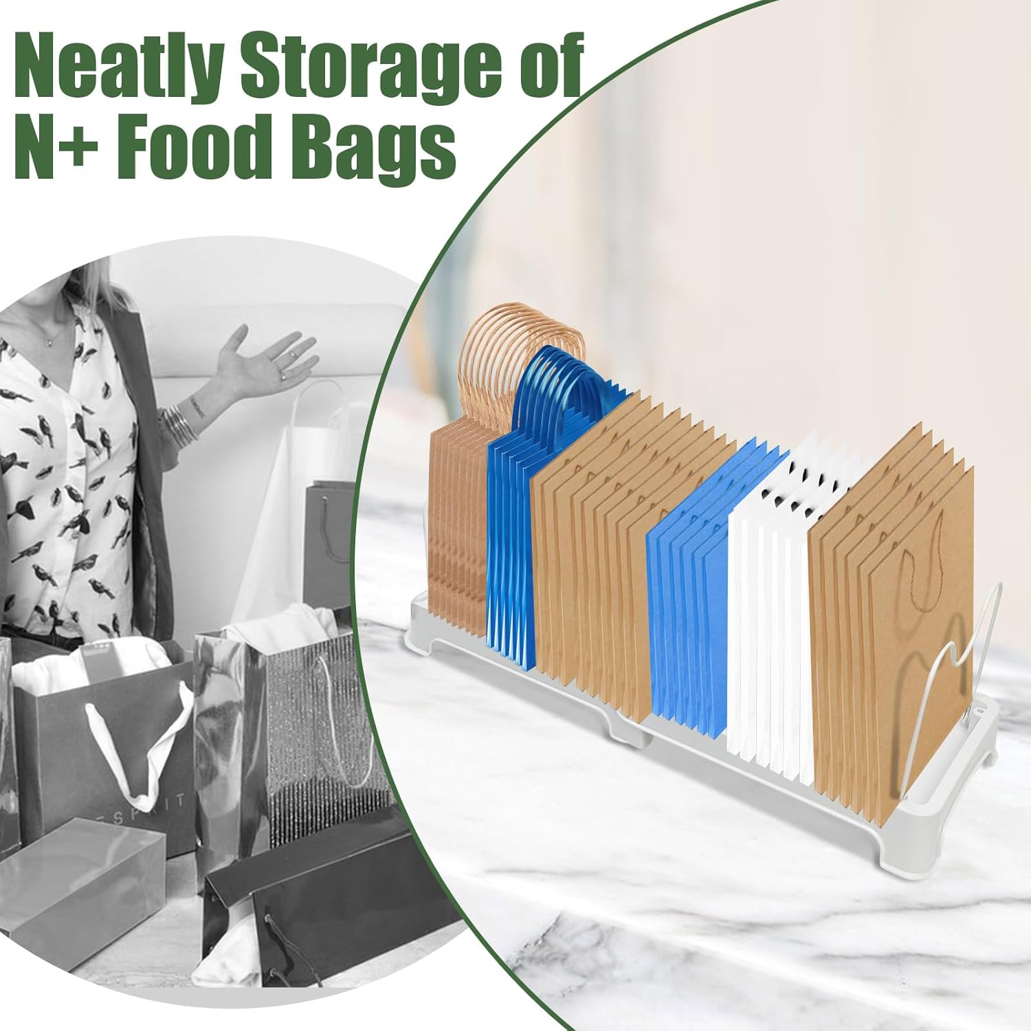 Sibosen Organizador de bolsas de compras reutilizables, separadores de estantes ajustables, ideal para almacenar bolsas de tela y papel plegadas,
