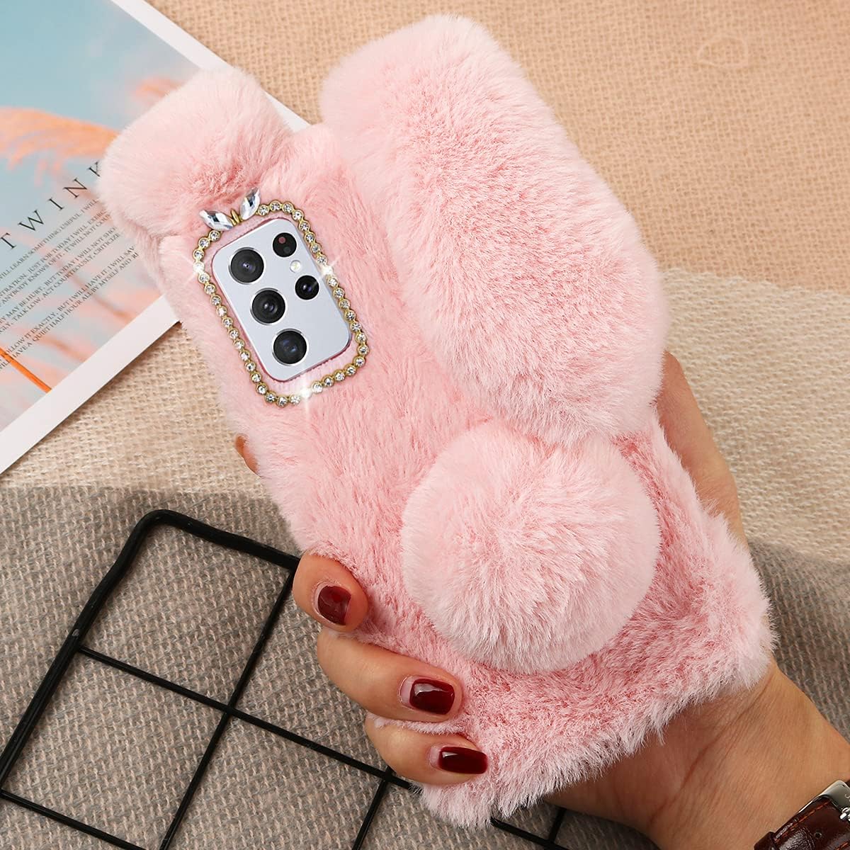 Mikikit Funda de felpa de piel esponjosa para Samsung Galaxy S21 Ultra 5G, lindo conejito peludo, funda protectora 3D de animales peludos, funda