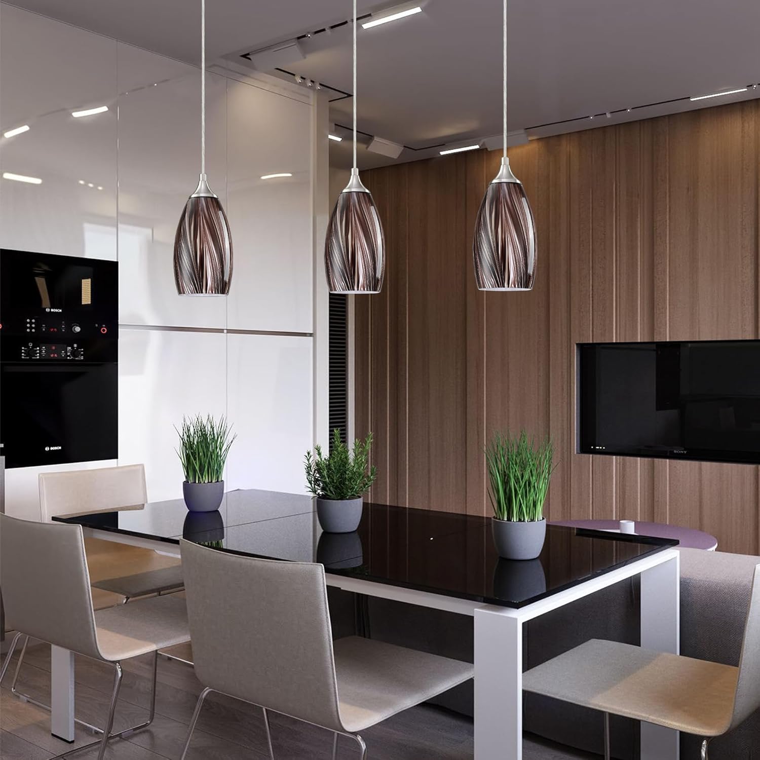 Dolaimy House Paquete de 3 lámparas colgantes de isla de cocina para interiores de 4.65 pulgadas, acabado de níquel cepillado, color marrón, soplado