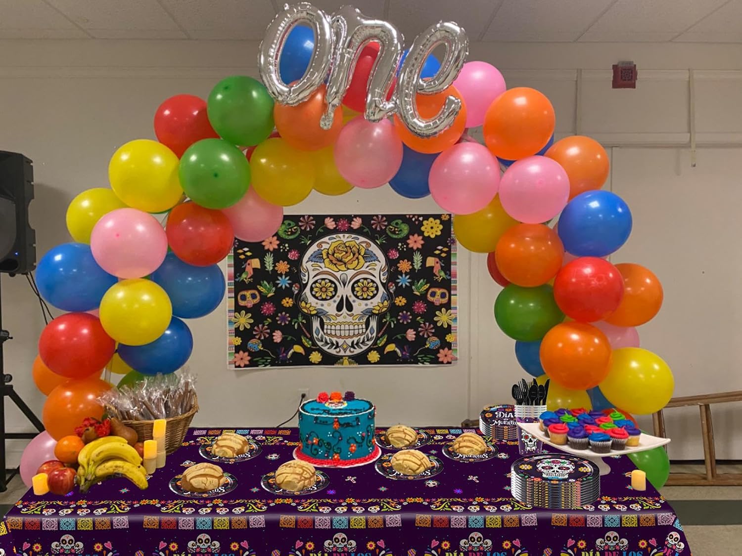 USERTEN 97 piezas de suministros de decoración de fiesta del Día de los Muertos con calavera de azúcar, juego de vajilla mexicana para 12 invitados,
