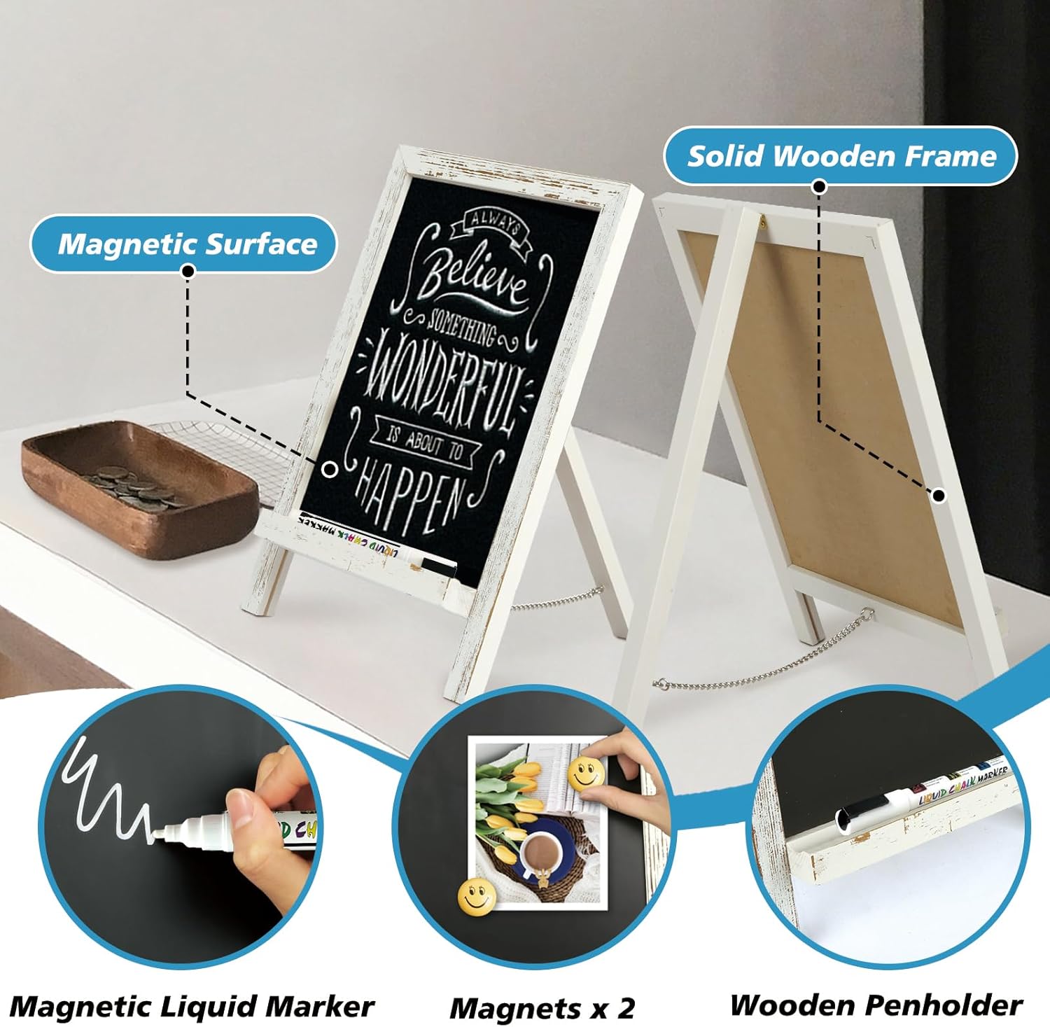 4 THOUGHT Letreros pequeños de pizarra de mesa para alimentos, 9.5 x 14 pulgadas, mini pizarra magnética de madera con soporte para niños,