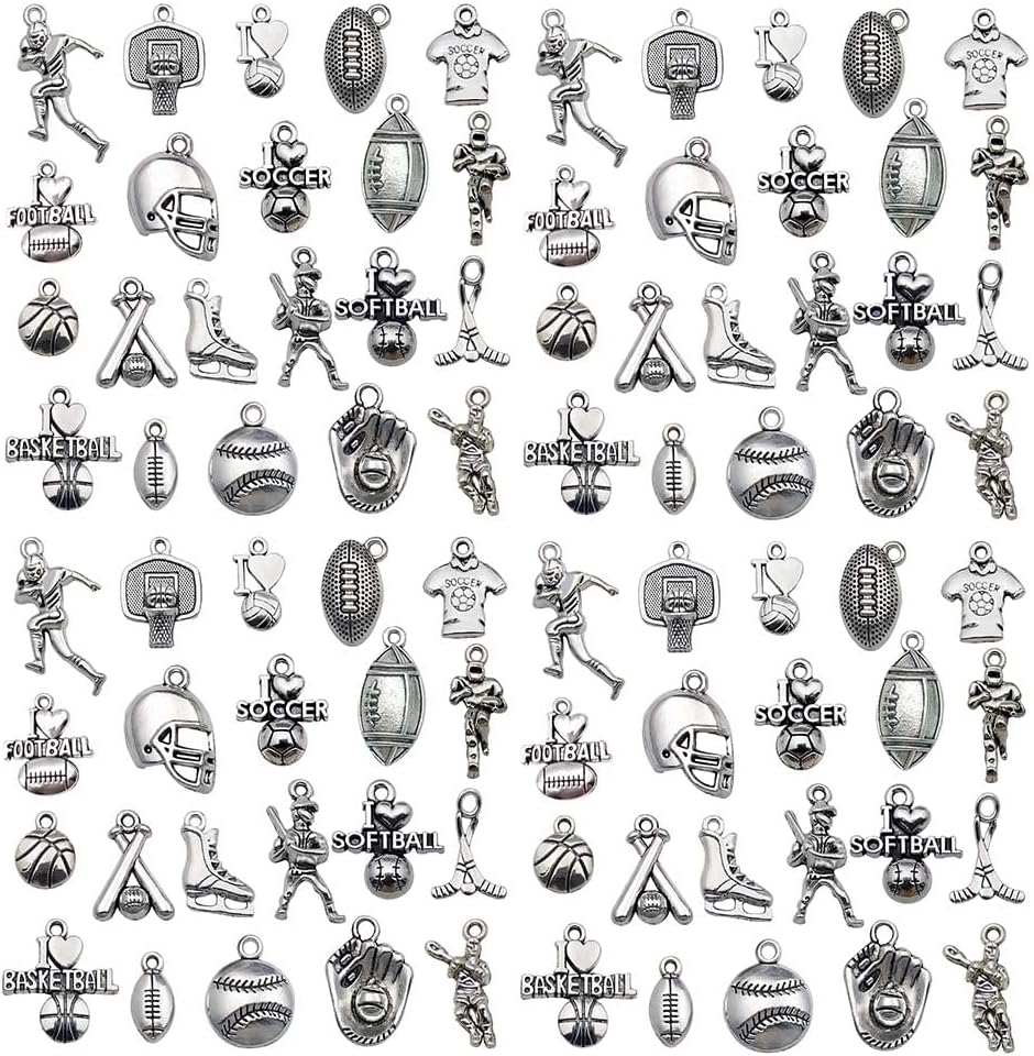 100pcs Antique Silver Sport Charms for Jewelry Making Alloy Football Baseball Softball Soccer Charms for DIY Crafts (SN272)